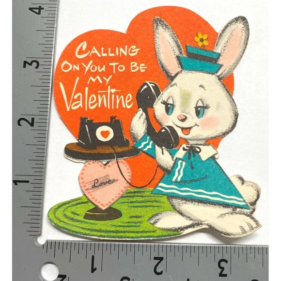 Anthropomorphic Rabbit Valentine Greeting Card Telephone Diecut 4" Vintage 1940s - Picture 3 of 5